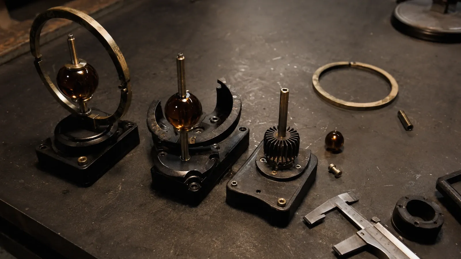 Brass instruments and small dark components laid out on a worktable.