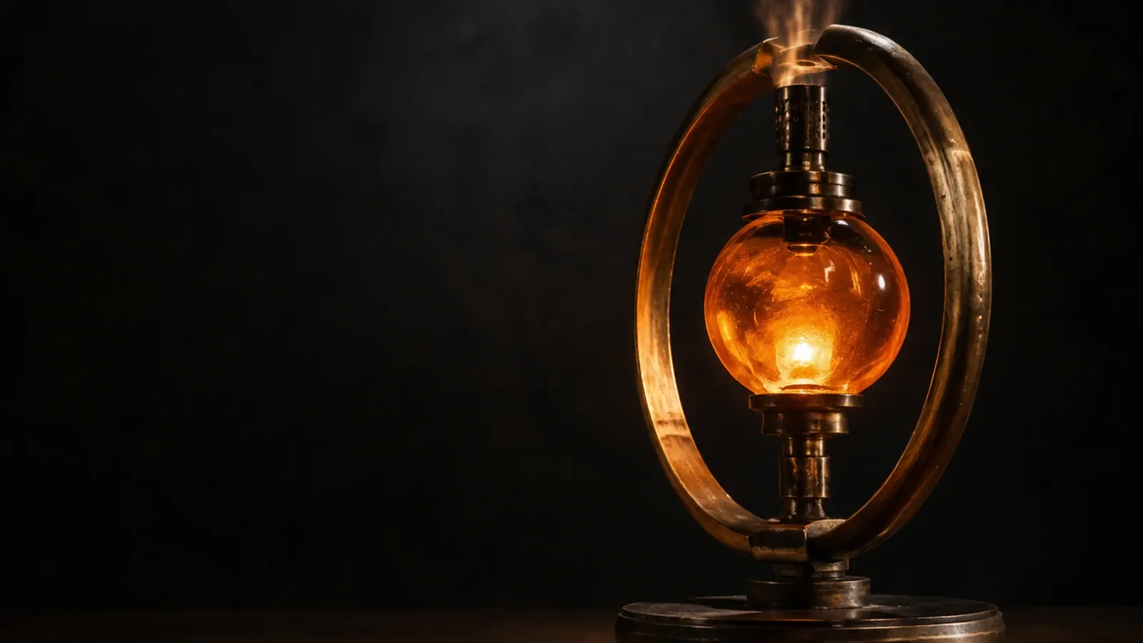 A brass ring standing on a dark surface around a glowing amber core.